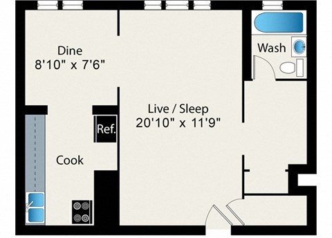 Floor plan for studio, 1 bath, 660 sqft